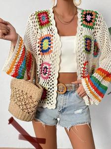 Women's Ethnic Pattern Knitting Cardigan, Boho Longsleeves Open Front Crochet Knitwear for Spring & Fall, Fashion Women's Knit Clothing for Daily Wear, Womenswear, Clothe