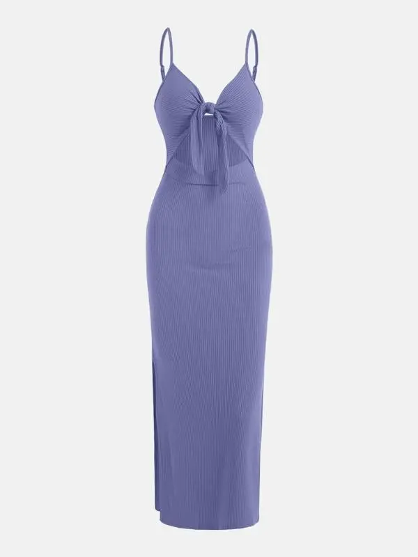 Women's Plain/denim-effect Print Cut Out Knot Front Cami Dress, Sexy Printed Backless Split Ribbed Bodycon Long Dress, Ladies Summer Clothes for Party Club Dating Wear Valentine's Day, Gift,  Red Dress 4