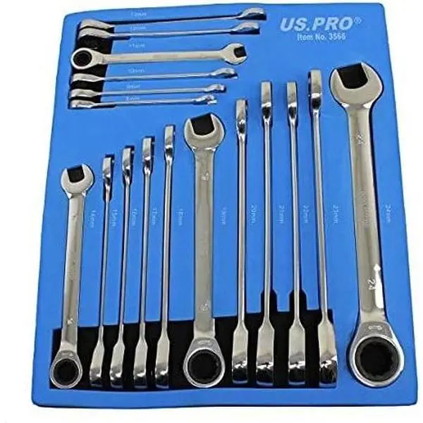US PRO Tools 17pc 8mm-24mm Metric Gear Ratchet Wrench Spanner Set Eva Foam Tray 3566