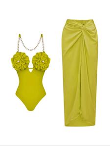 Women's Cover Up Skirt & Floral Decor One-piece Swimsuit Set, Solid Color Swimsuit with Cover Up Skirt, Fashion Swimwear for Beach Holiday Vacation, Clothing