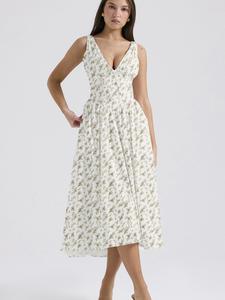 Women's Ditsy Floral Print Tie Front V Neck Dress, Boho Fashion Sleeveless Zipper Back Long Dress for Beach Holiday Vacation, Ladies Summer Clothes, Womenswear