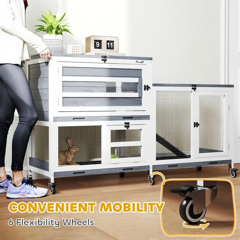 Wooden Rabbit Hutch with Run 2 Tier Guinea Pig Cage on Wheels 3 Trays 2 Openable Tops by PawHut 5
