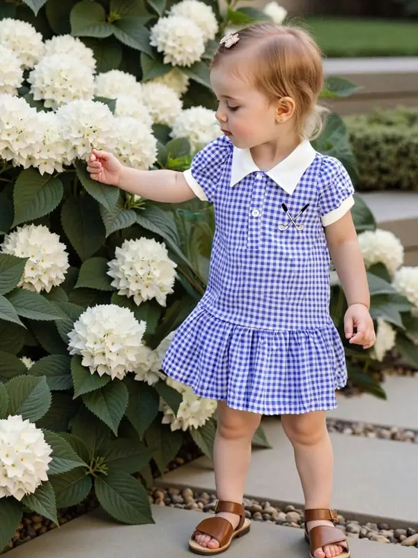 【Buy 1 with free gift】 Toddler Girl Summer Plaid Dress Lapel Short Sleeves Golf Club Embroidery A Line Dress 3