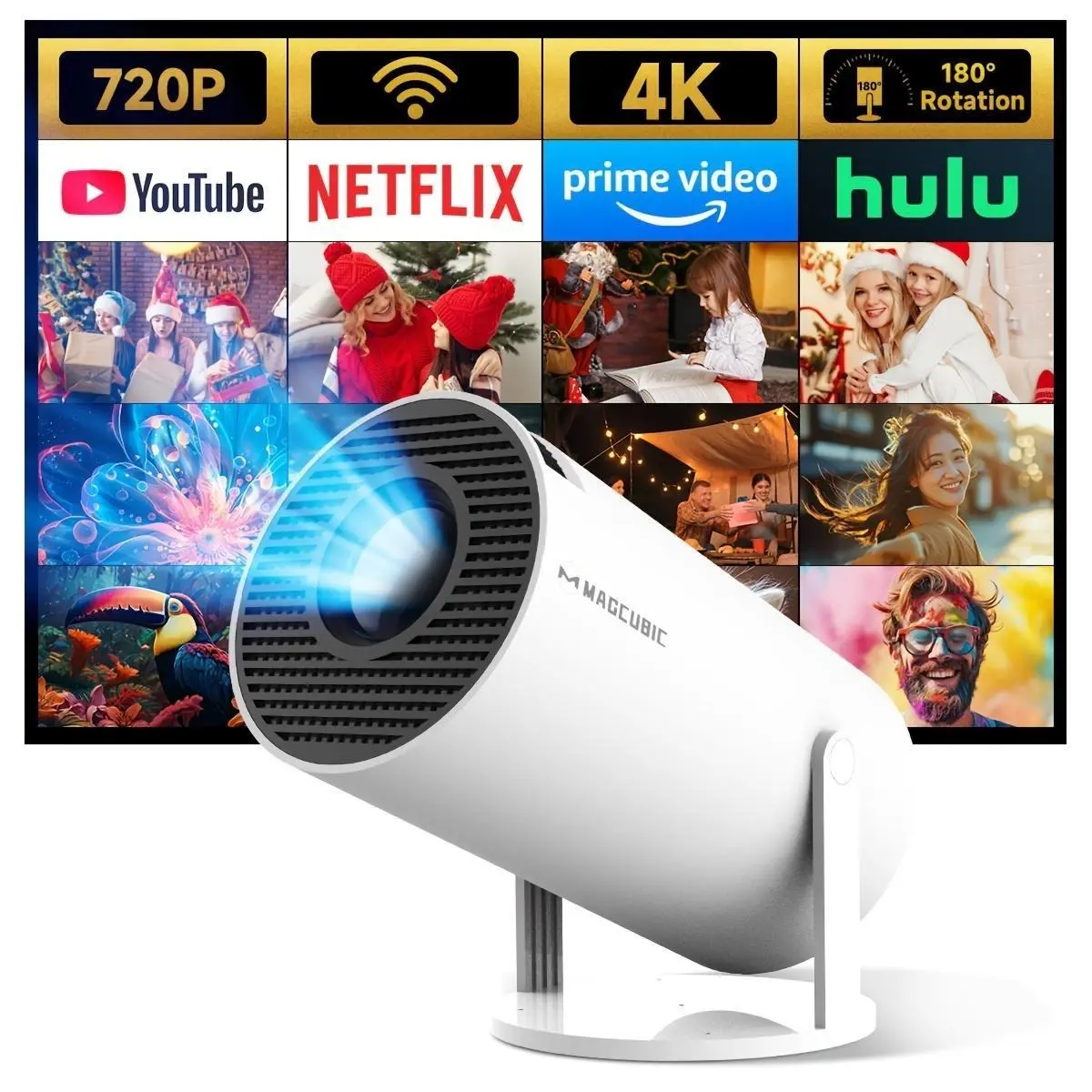 Magcubic  4K Ultra HD Projector - for Android 11, Allwinner H713, Wireless 5.0, 1280x720P Support, 180° Adjustable Viewing Angle, Low Noise, Portable Design with Remote Control for Home Cinema Experience - EU Plug Audio Lcd Screen hdmi