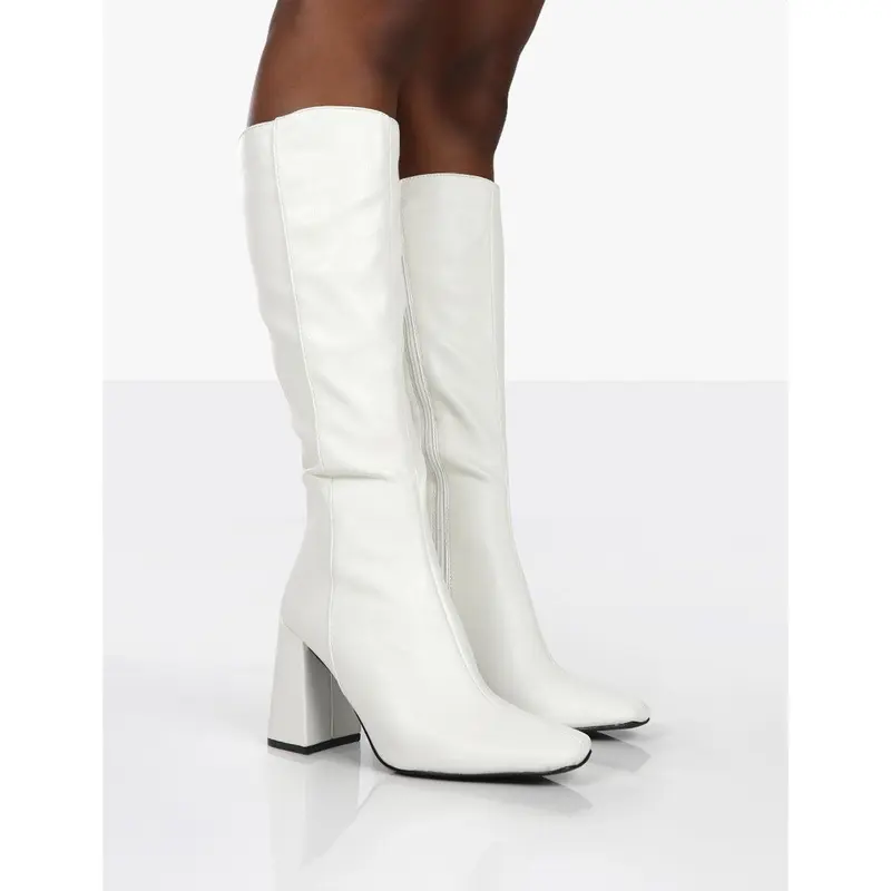 Apology White Pu Knee High Block Heel Boots 0