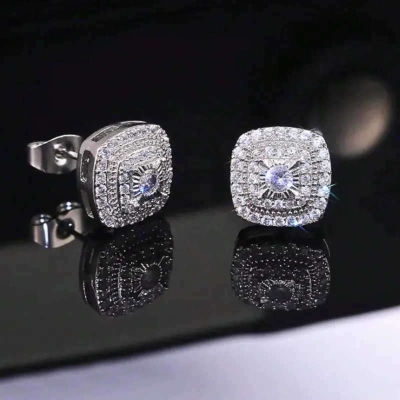 2pcs/Set Classic Hip Hop Style Square Zirconia Stud Earrings for Men and Women, Elegant Fashion Jewelry, Suitable for Daily Wear, Gifts for Loved Ones 2