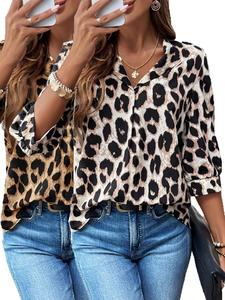 Women's Leopard Print Lapel Neck Blouse, Casual Fashion Puff Sleeve Top for Daily Wear, Ladies Clothes for All Seasons