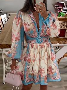 Women's Floral Print Belted Wrap Dress, Bohemian Elegant Lantern Sleeve V Neck A Line Dress for Spring & Fall, Women's Clothing for Summer Daily Wear, Womenswear, Classy Modest Dresses
