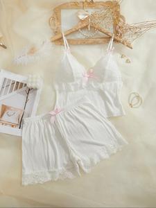 Women's Contrast Lace Bow Decor Ribbed Pyjama Two-piece Set, Cute Elegant Adjustable Spaghetti Strap Ruffle Trim Crop Camisole & Elastic Waist Shorts Pj Set, Ladies Sleepwear for All Seasons, White Pajama Sets Women, Aesthetic Womenswear