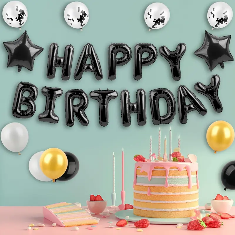 25 Pcs Birthday Balloon Banner - Happy Birthday Balloons, Decorations - 3D Foil Letter & Star (Black) 2