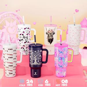 【Limited Edition】 Meoky Five Layer Stainless Steel Leak Proof Portable Vacuum Insulated Bottle, Non Slip Base, Cold And Heat Insulation, Silent, Reusable Straw And Handle, Suitable For Car Cup Holders, Office, Travel Essentials