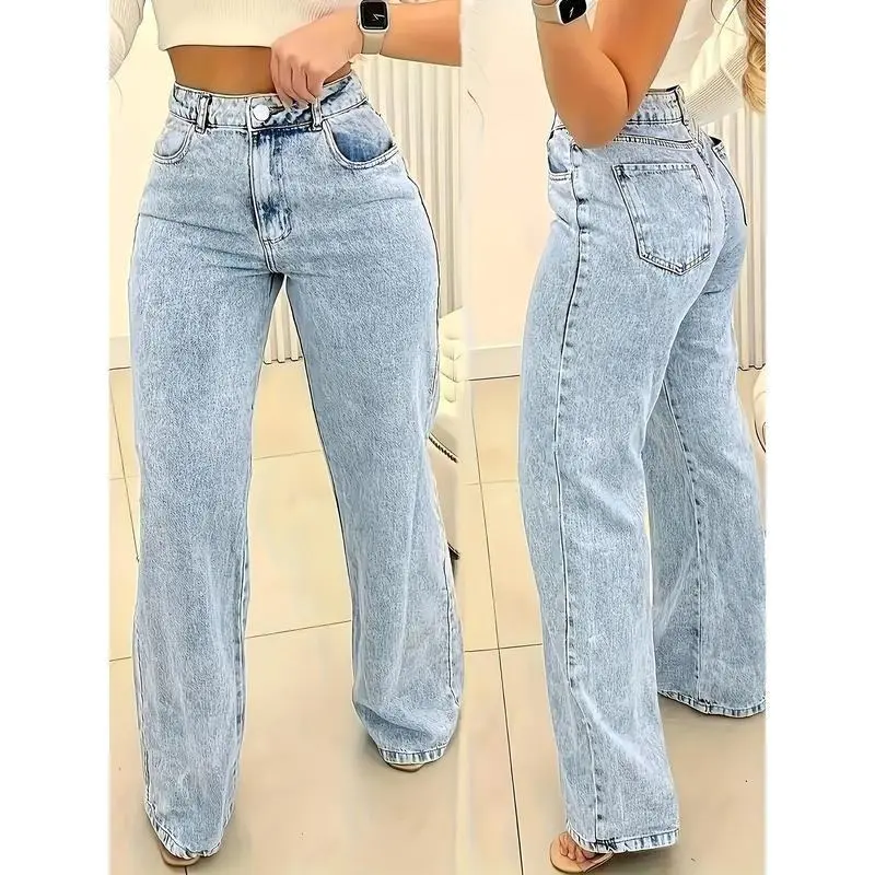 Ultra-Comfortable High-Waisted Stretchy Jeans for Women - Four-Season Cotton Polyester Blend Straight Leg Pants with Snowflake Pattern, Machine Washable, Breathable, and Soft Fabric for Everyday Wear