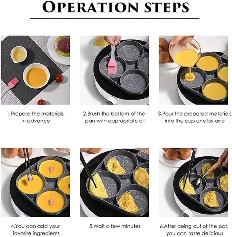 4 Hole Egg Pan Burger Ham Pancake Maker Wooden Handle Frying Grill Non-stick UK 5