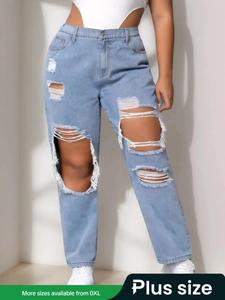 【Plus Size】 Ripped Button Fly Straight Leg Jeans, Fashion Casual Pocket Elastic Waist Distressed Denim Pants for Daily Outdoor Wear, Women Plus Size Clothing for All Seasons, Ripped Holes Jeans, Lady Baggy Jeans, Basic Womenswear