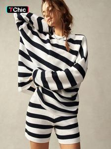 Women's Striped Print Sweater & Shorts Two-Piece Set, Chic Casual Long Sleeve Round Neck Top & Shorts, Women's Spring & Fall