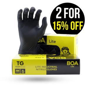 2 Boxes of BOA LITE by Tough Glove - 2 Boxes of 100 (200 Gloves) Black Nitrile Gloves, Latex & Powder Free. Cleaning, Food Safe, Smart Touch Friendly, Disposable Nitrile Glove, Strong Stretch