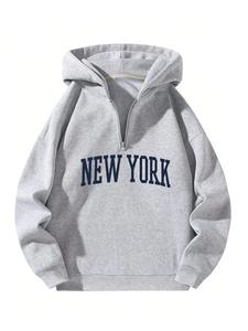 Men's Letter Print Zip Up Hoodie, Casual Loose Drop Shoulder Long Sleeve Hooded Sweatshirt for Fall & Winter, Men's Clothes for Daily Wear