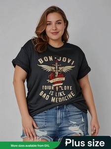 【Plus Size】 Letter Print Round Neck Tee, Casual Short Sleeve Crew Neck T-Shirt for Summer, Women's Plus Clothing for Daily Wear, Top, Summer Tops