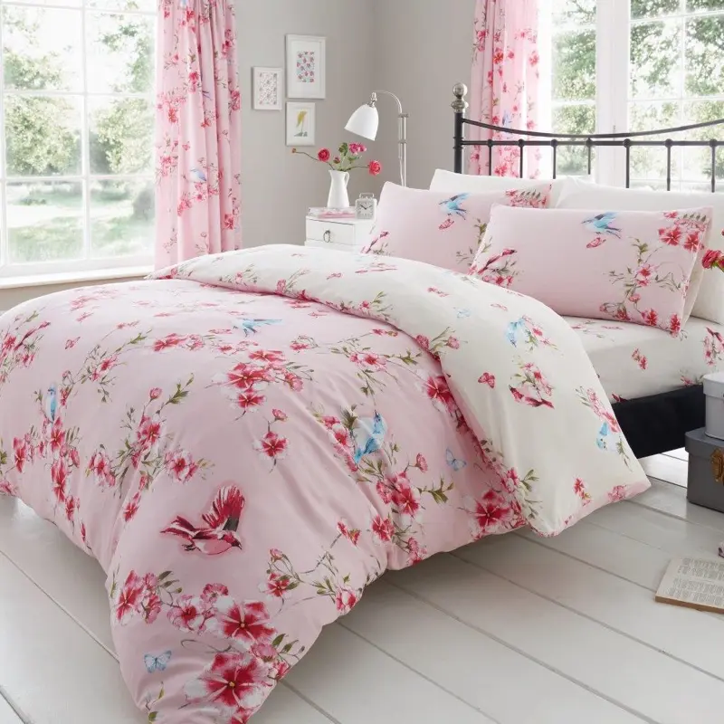 Poly Cotton Birdie Blossom Reversible Duvet Cover Set for Single, Double, King and Super King Beds