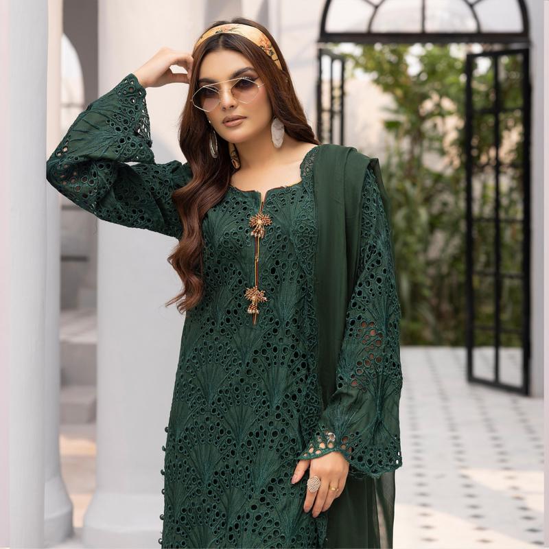 3 Pc Linen Chikenkari Ready to Wear Dress | Simrans | UMSIM4 7