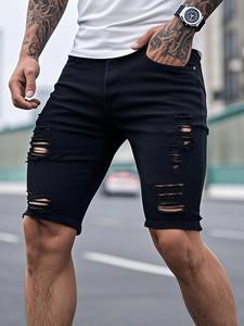 Men's Solid Color Distressed Ripped Denim Shorts, Tight-fitting Street Fashion Casual Comfy Pocket Denim Shorts for Daily Wear, Men's Bottoms for All Seasons