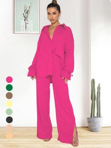 Women's Solid Button Front Shirt & Split Hem Pants Set, Casual Comfy Basic Flounce Sleeve Top & Wide Leg Trousers for Daily Wear, Women's Clothing