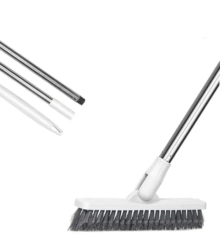 Newthinking Floor Scrubbing Brush with Long Handle, Heavy Duty Stiff Bristle Floor Brush with Squeegee for Cleaning Bathroom Deck Tile Patio, White