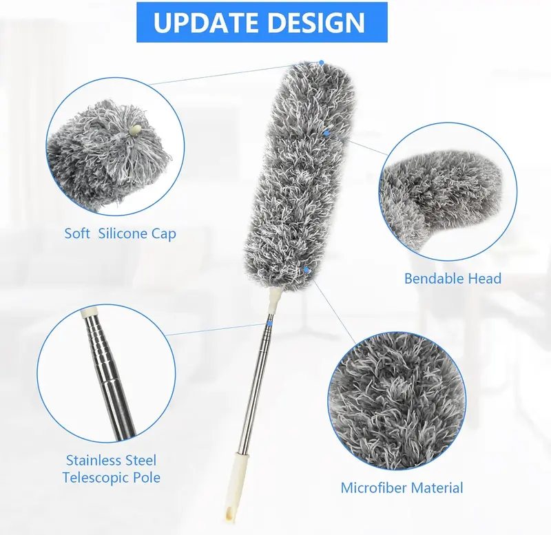Extendable Feather Duster,Microfiber Duster with 100'' Telescopic Stainless Steel Extension Pole and Soft Silicone Cap,Easy to Absorb Dust Anti Static,Perfect for Cleaning Cobweb,Ceiling Fan,Car etc 1