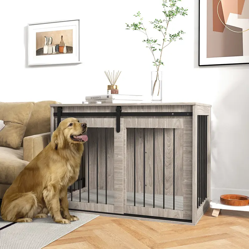 98cm Dog Crate Furniture with Removable Cushion for Large Dogs - Brown 1