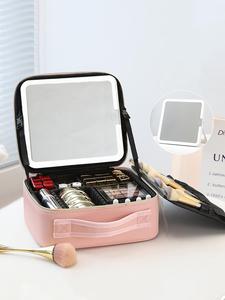 Portable Makeup Bag with 3-Color LED Detachable Mirror 2000mAh USB Rechargeable Waterproof PU Leather Organizer Makeup Storage Bag Compact Travel Cosmetic Pouch