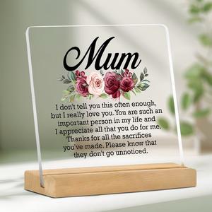 Floral & Letter-Pattern Acrylic Desk Plaque, Acrylic Plaque Sign, Novelty Desk Decor, Acrylic Desktop Decoration, Thank You Gift for Mom, Desktop Decorative Ornament for Home Room and Office