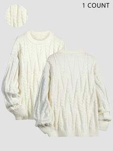 Men's Solid Cable Knit Crew Neck Textured Sweater, Loose Casual Long Sleeve Jumper for Fall & Winter, Men's Knitwear for Daily Wear