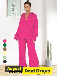 Women's Solid Casual Long Sleeve Button Front Shirt & Split Hem Pants Set, Night Out Outfits, Casual Basic Formal Loose Two-piece Summer Sets, Lady Clothing, Chic Style Elegant Longsleeves Womenswear Evening, Suits, High Waist