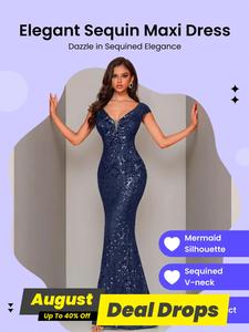Women's Sequins Mermaid Evening Dress, Elegant V Neck Cap Sleeve Evening Party Gown, Ladies Clothes for Prom Cocktail Banquet Wedding Guest, Formal Wear