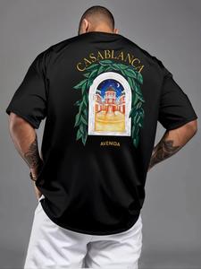 Men's Casablanca Print Round Neck Tee, Loose Casual Short Sleeve T-shirt for Summer, Men's Top for Daily Wear, Tropical, Casual Style Tee