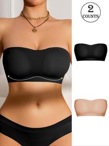 Women's Solid Color Wireless Push Up Bandeau Bra, Comfortable Breathable Non-slip Backless Strapless Bra, Pushbra, Soft Seamless Lingerie for Daily Wear, Curvy Bra Pack, Minimalist Womenswear