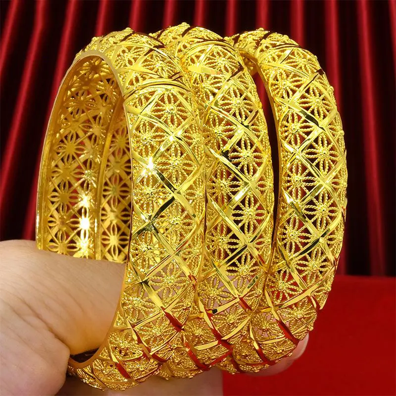 2 Piece 24K Gold Plated Bracelet Middle Eastern Dubai Style Fashion Ladies Wedding Exquisite Trendy Cuff Bangle 2