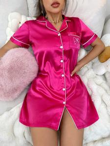 Women's Sexy Nightdress, Bowknot Rose Short Sleeve Pajamas, Button Front Dress, Elegant Fitted Sleepwear Loungewear for All Seasons