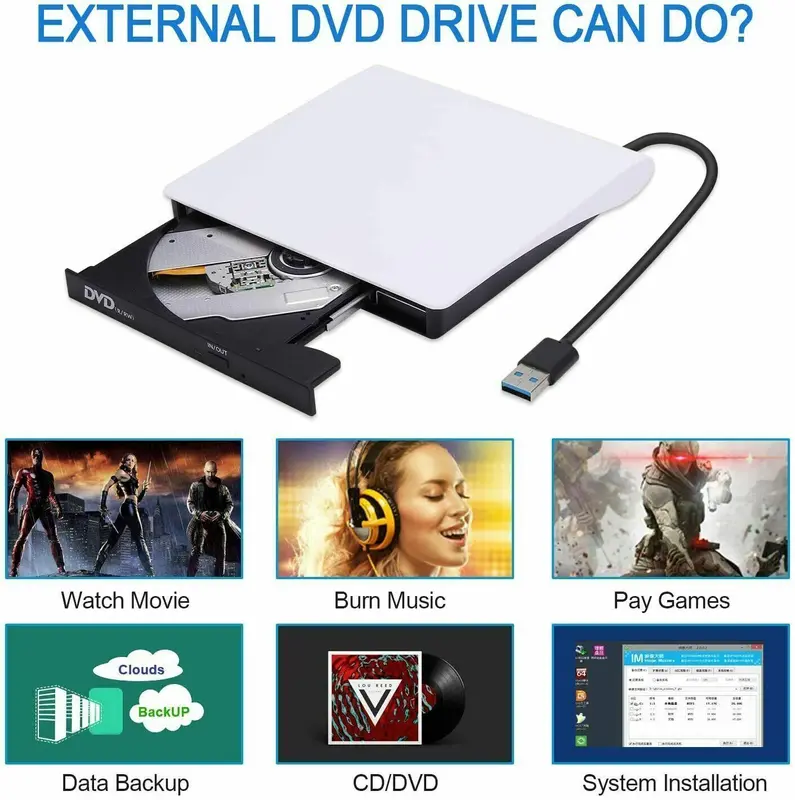 External DVD Drive,USB 3.0 CD/DVD +/-RW Drive Portable CD DVD Drive Burner Reader Writer, Slim Optical CD ROM Drive for Laptop Desktop PC Linux Apple Mac OS Macbook Pro Windows 11/10/8.1/7 White 5