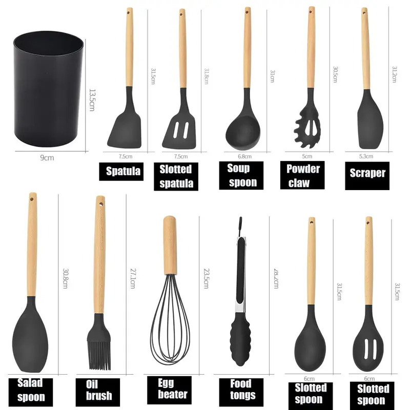 12Pcs Kitchen Utensils Set Silicone Cooking Nonstick Spatula Turner Spoon Tools with Premium Wooden Handles Easy Clean Non-Stick Black Utensils for Family Day Party Picnic 8