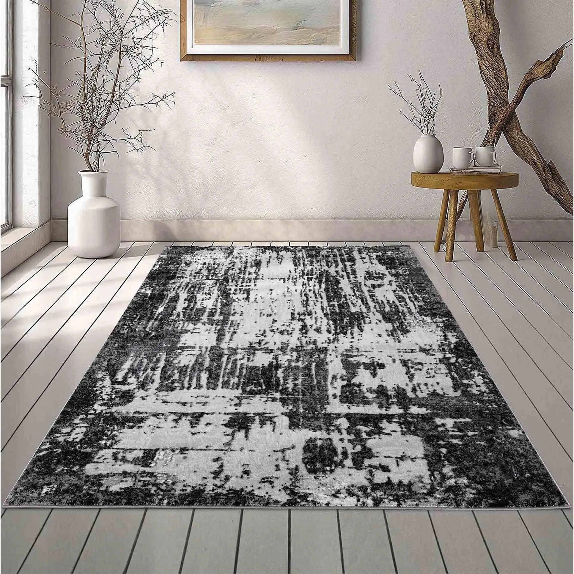 Serenity Abstract Abrasion Rug - Black