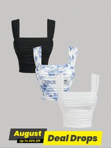 Women's Plain / Floral Print Ruched Tulle Tank Top, Fitted Top for Summer, Chic Slim Ladies Clothes for Daily Wear, Womenswear, Crop Top, Soft Top Women, Casual Boho Sleeveless Clothes for Women, Casual Sleeveless Crop Classy Tops