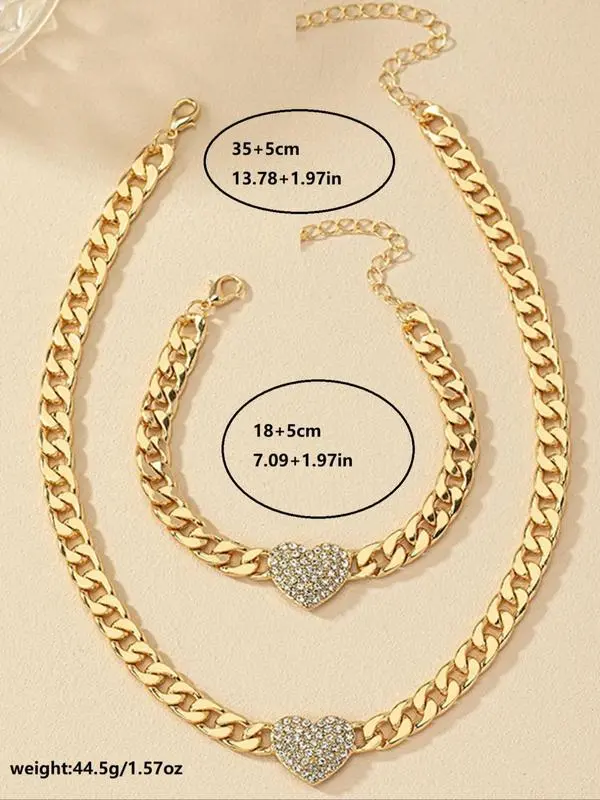 Women's Elegant Rhinestone Decorated Heart Design Necklace & Bracelet Set, Exquisite Trendy Chain Design Jewelry Set, Fashionable Jewelry Set As Gift for Women Gifts For Girlfriend, Valentine's Day, Gift 5