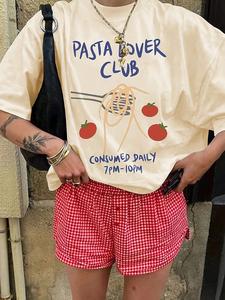 Women's Pasta Over Club Round Neck Graphic Tee, Fashion Casual Kawaii Crew Neck T-shirt for Daily Holiday Vacation Outdoor Wear, Ladies Clothes for All Seasons