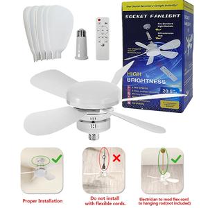 20.5" Socket Ceiling Fan Light, Tool-free Installation, Energy-saving Night Light, Three Wind Speeds 3000K-6000K, E27 Screw Base Convenient To Install, for Bedroom, Living Room, Kitchen & Office