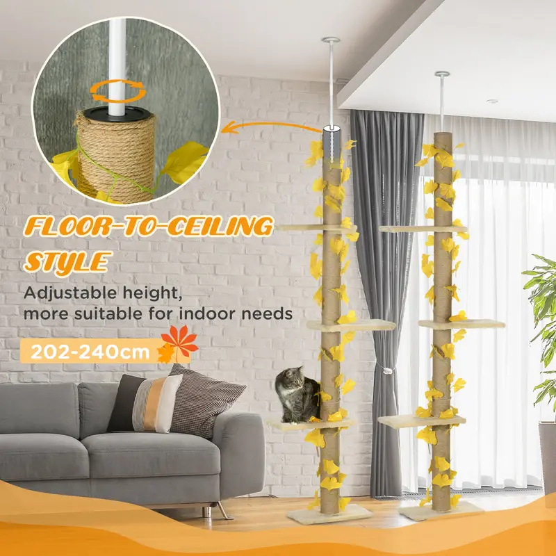 PawHut 202-242cm Height Adjustable Floor to Ceiling Cat Tree for Cats with Sisal Scratching Post, 3- Tier Cat Tower 4
