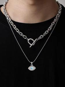 Men's Street Style Evil Eye Design Pendant Necklace & OT Buckle Chain Necklace, Trendy Vintage Necklaces, Chic Jewelry As Gift for Boyfriend