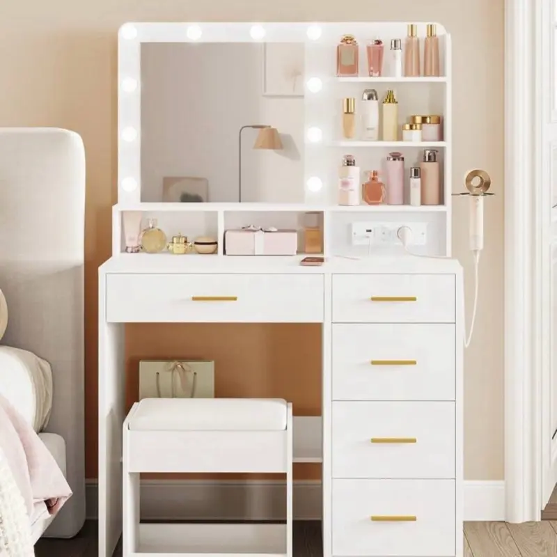 Hzuaneri Dressing Table with 3-Colour LED, Vanity Table with Plug and Large Mirror, Stool and Hairdryer Holder, Multi-Drawer Dressing Table, 6 Open Storage Areas, White 4
