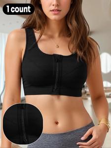 【Please Buy One Size Larger】Women's Solid Zip Front Backless Sports Bra, Breathable Comfortable Wireless Sports Bra, Ladies Sportswear for Indoor Outdoor Wear
