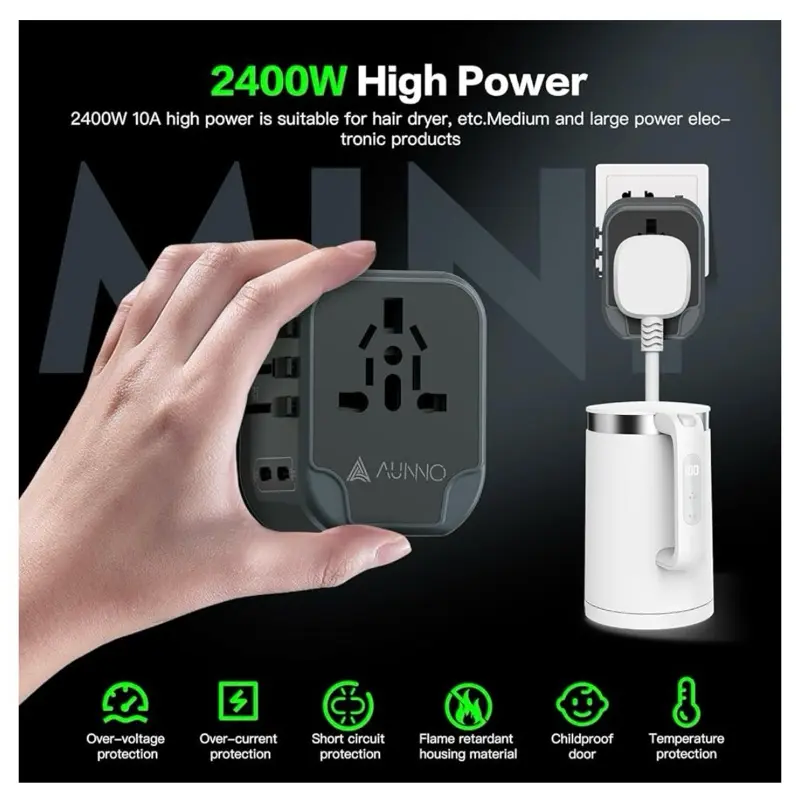 AUNNO Universal Travel Adapter, International Travel Plug Adapter with 2 USB-C and 2 USB Ports, All in One Plug Adaptor with Dual Safety Fuses, UK to European Plug Adaptor 2